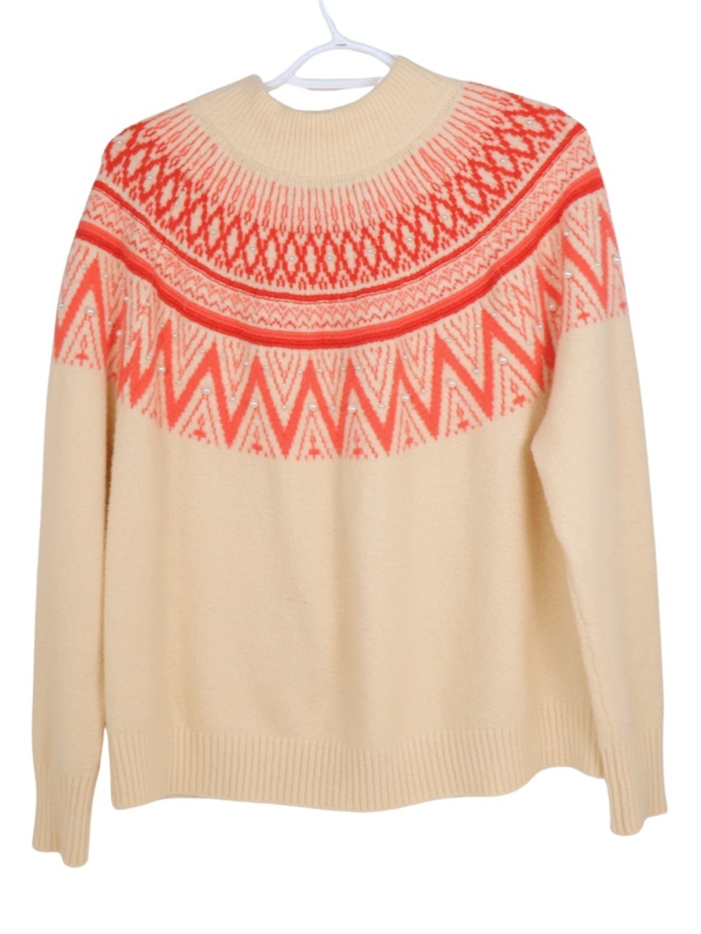 Viva La Vida Cream Red Fair Isle Sweater L Pearl Embellished Mock Neck